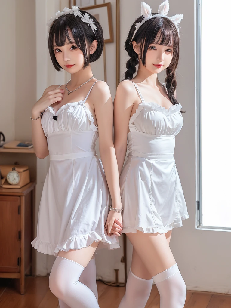 2 naked girls in school classroom,sleeveless white sheer seemless frilled -doll dress,18-year-old,bangs,a little smiles,thighs,knees,crotch,barefoot,short cut hair,low ponytail,from below