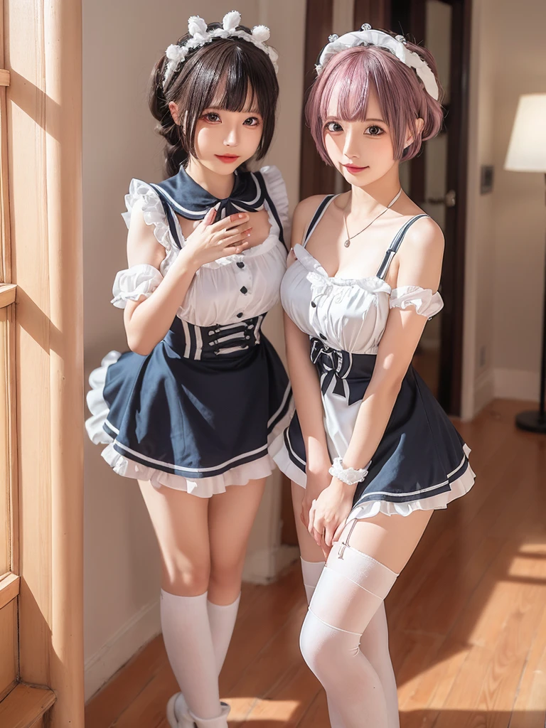 Accurate depiction with high resolution,(8K, Photorealistic, Raw photo, of the highest quality: 1.3), (1girl in), Super beautiful, (Realistic face), (boyish, pink Color Berry Shorthair), Beautiful , Glare that captivates the viewer, Beautiful expression, Beautiful breasts, (Realistic skin), Be...Create a detailed and colorful image of Ram and Rem from Re:Zero, standing back-to-back in their maid outfits, with a magical fantasy background、14years old, two girls,cute, perfect face, beautiful, nice body, gothic ta clothes, gothic loliashion, frilly skirt, headdress, necklace, bracelet, knee-high socks, boots, double eyelids, tear bags, Detailed down to the fingers, photo-like description, indoors, dim indoor lighting, one girl is pink hair and short bob, another girl is light blue hair and short bob,standing,whole body, composition that shows the whole body, smiling,The Both of them are wearing the same type of maid outfit,Optimal ratio of 4 fingers and 1 thumb,walking