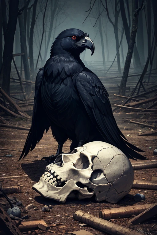  A crow perched on a skull at sunset. The skull is in a swamp with a full moon rising.