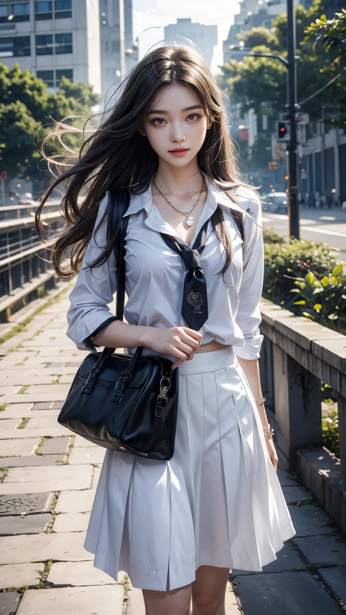 8K, UHD, masterpiece, 1 girl, good face, happy face, detailed eyes, very long hair, necklace, (school uniform), (white skirt), tie, school bag, in the bridge, cloudy weather, realism, depth of field, 3d, unreal engine 5, ray tracing, flowing wind,