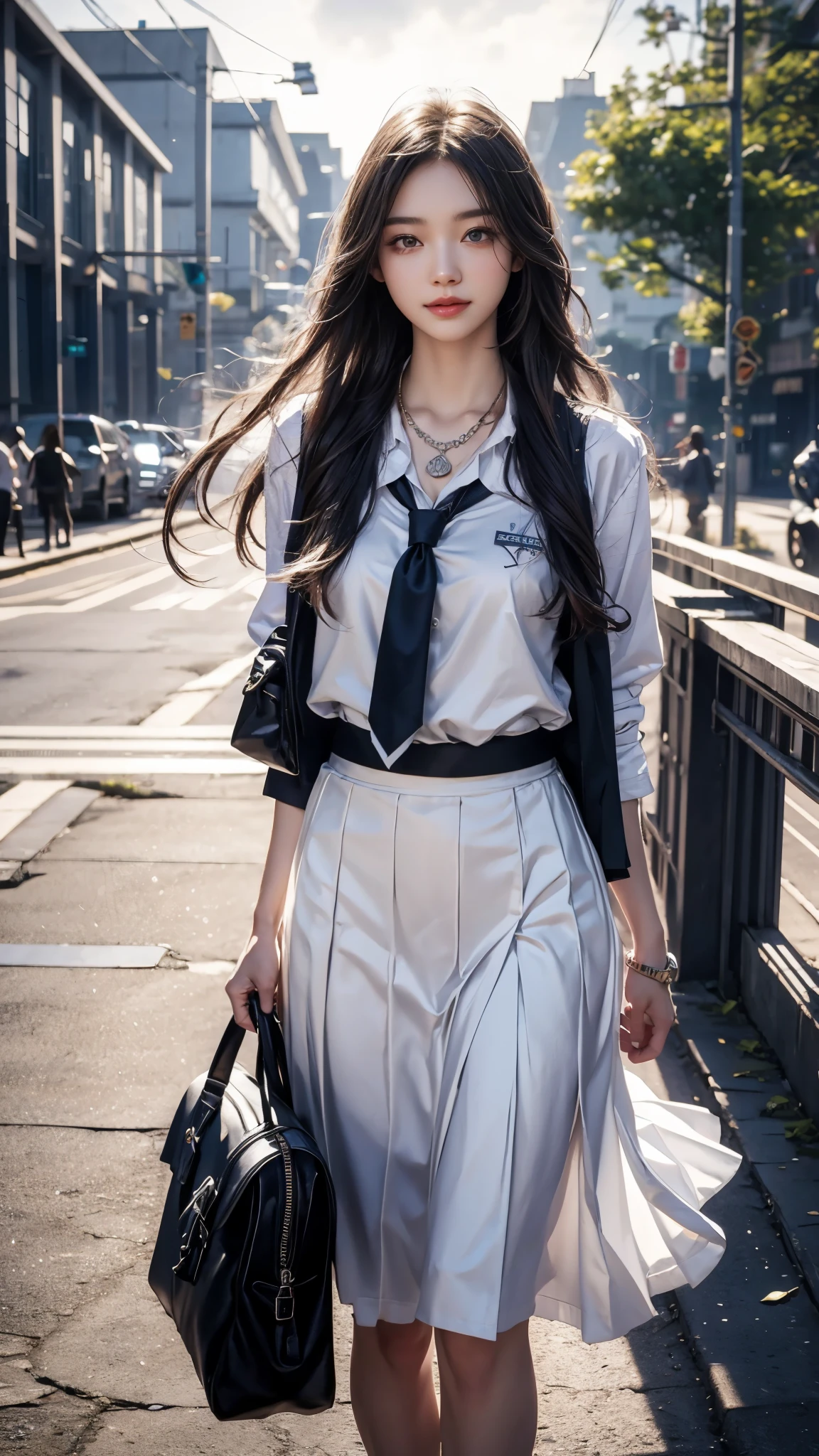 8K, UHD, masterpiece, 1 girl, good face, happy face, detailed eyes, very long hair, necklace, (school uniform), (white skirt), tie, school bag, in the bridge, cloudy weather, realism, depth of field, 3d, unreal engine 5, ray tracing, flowing wind,