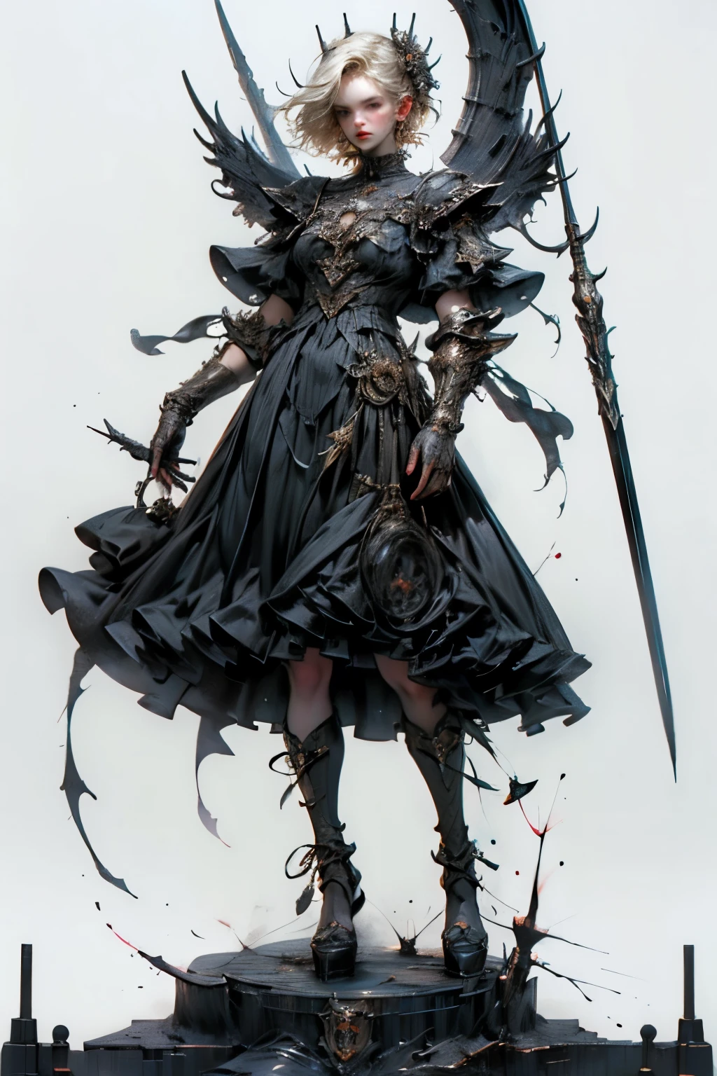 ((best quality)), ((masterpiece)), (detailed), perfect face ((best quality)), ((masterpiece)), (detailed), blank white background, plain background, white background, Bloodborne inspired, occult aesthetic, occult, detailed and intricate steampunk and detailed gothic, NSFW, Very dramatic and cinematic lighting, cosmic horror, grim-dark, side-lighting, perfect face, a beaituful goddess adorned and enshrined in armour, Bloodborne inspired , occult aesthetic, occult, detailed and intricate steampunk and detailed gothic, wielding a sword and holding a shield, NSFW, Fluttering lace flared long knee length dress with frilly petticoats, knee length dress, pleated petticoats, ta dress, petticoats gothic loliside-lighting, gothic lolita aetic, beautiful small breasts, small breasts, full body, whole body, body, plain background, white background, blank background, no background, white background NSFW, full body, whole body, head-to-toe