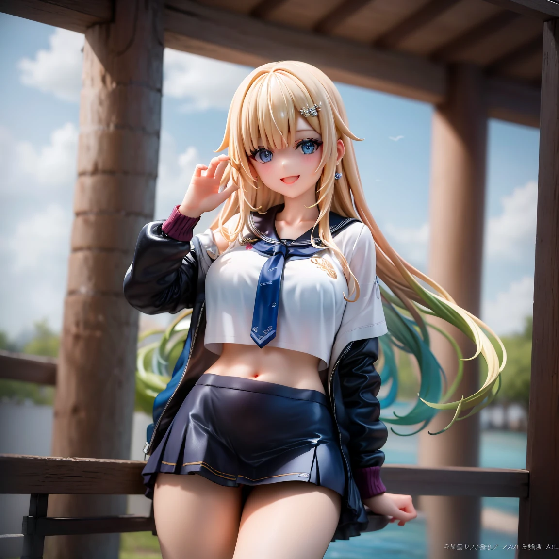 Portrait, official art, best masterpiece, best quality, best resolution, 8K, best detailed, perfect anatomy
BREAK
aizawa ema, blond hair, long hair, gradient hair, hair ornament, bule bikini skirt, (big breasts)
BREAK 
(sfw:1.2), cowboy shot, Portrait, sitting, hugging own legs
BREAK
(happy smile), :)
BREAK
wading, outdoor, sunlight, dust, dust, light particles, very detailed 16KCG wallpapers