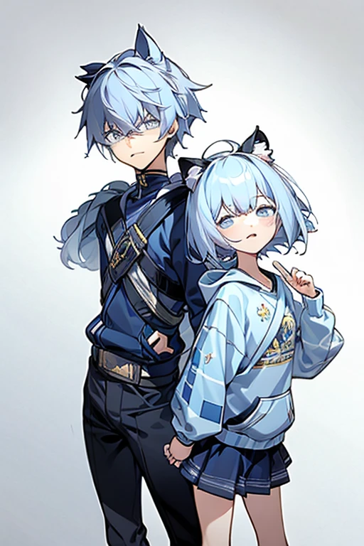 Cute, boy and girl, two people, early morning, light blue cat ear hoodie, boy has short hair, girl has bob hair, anime, watercolor