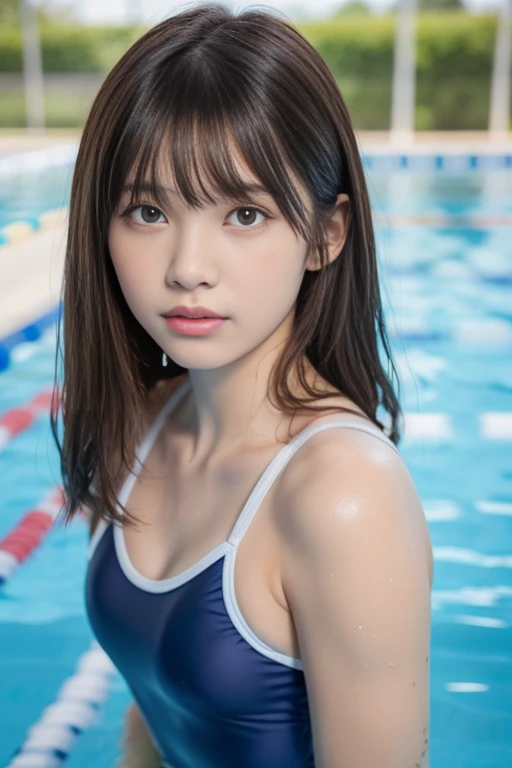 one girl, (a beauty girl, delicate girl:1.3), (************:1.3),
break, (Navy blue school swimsuit:1.3),
break, Extremely detailed clarity, (Symmetrical eyes:1.3),
break, (School swimming pool, Outdoor:1.3), 
break, Small breasts, Brown eyes, Parted bangs, Brown Hair,  girl,
break, (Eye and facial details:1.0),
break, (masterpiece, highest quality, Very detailed, Detailed face, 8k)