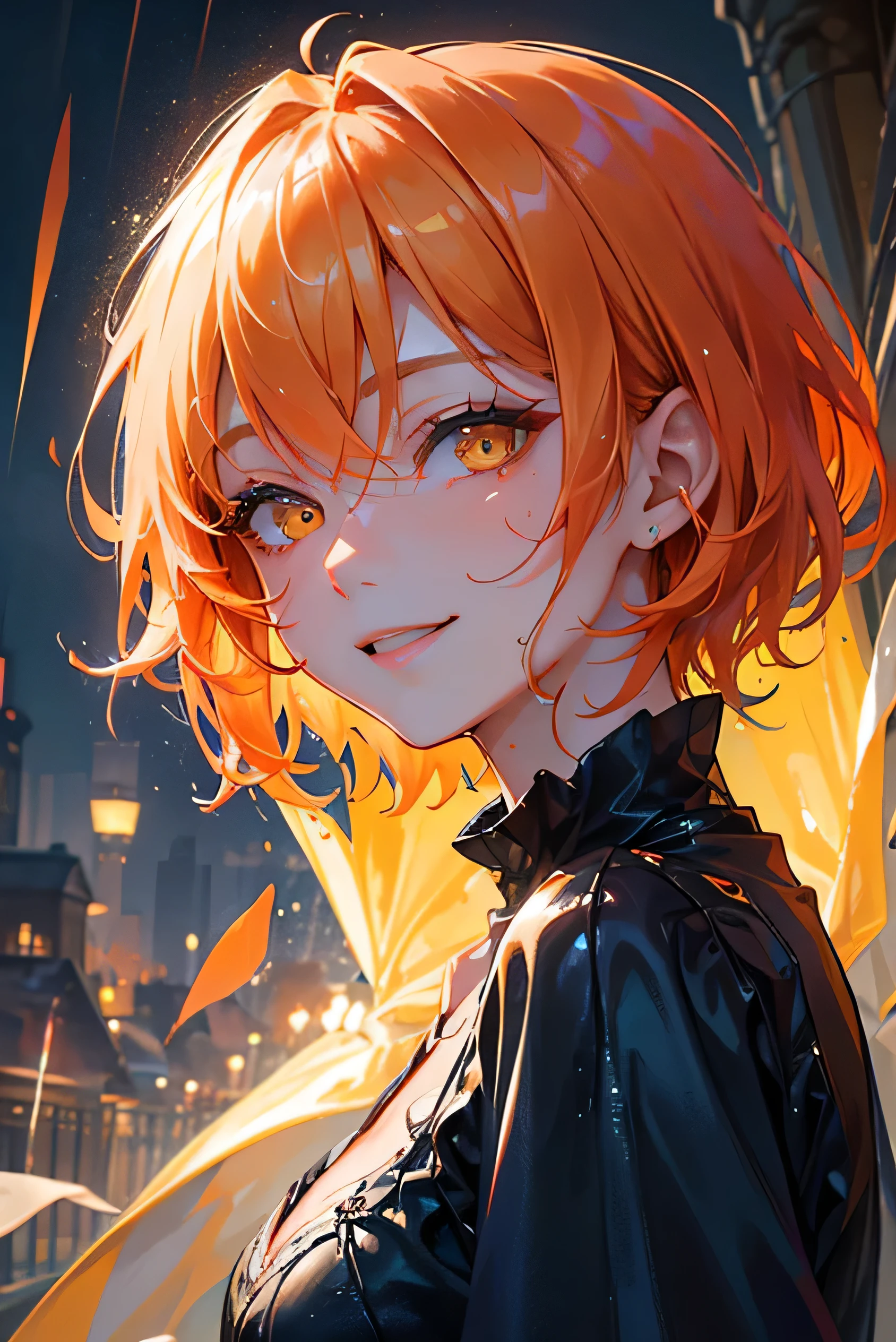 masterpiece, highest quality, so beautiful、Latest、Orange Hair, short hair, (Glowing yellow eyes)、Adult woman in a blue dress、Face close-up、Smile、(Wet day)