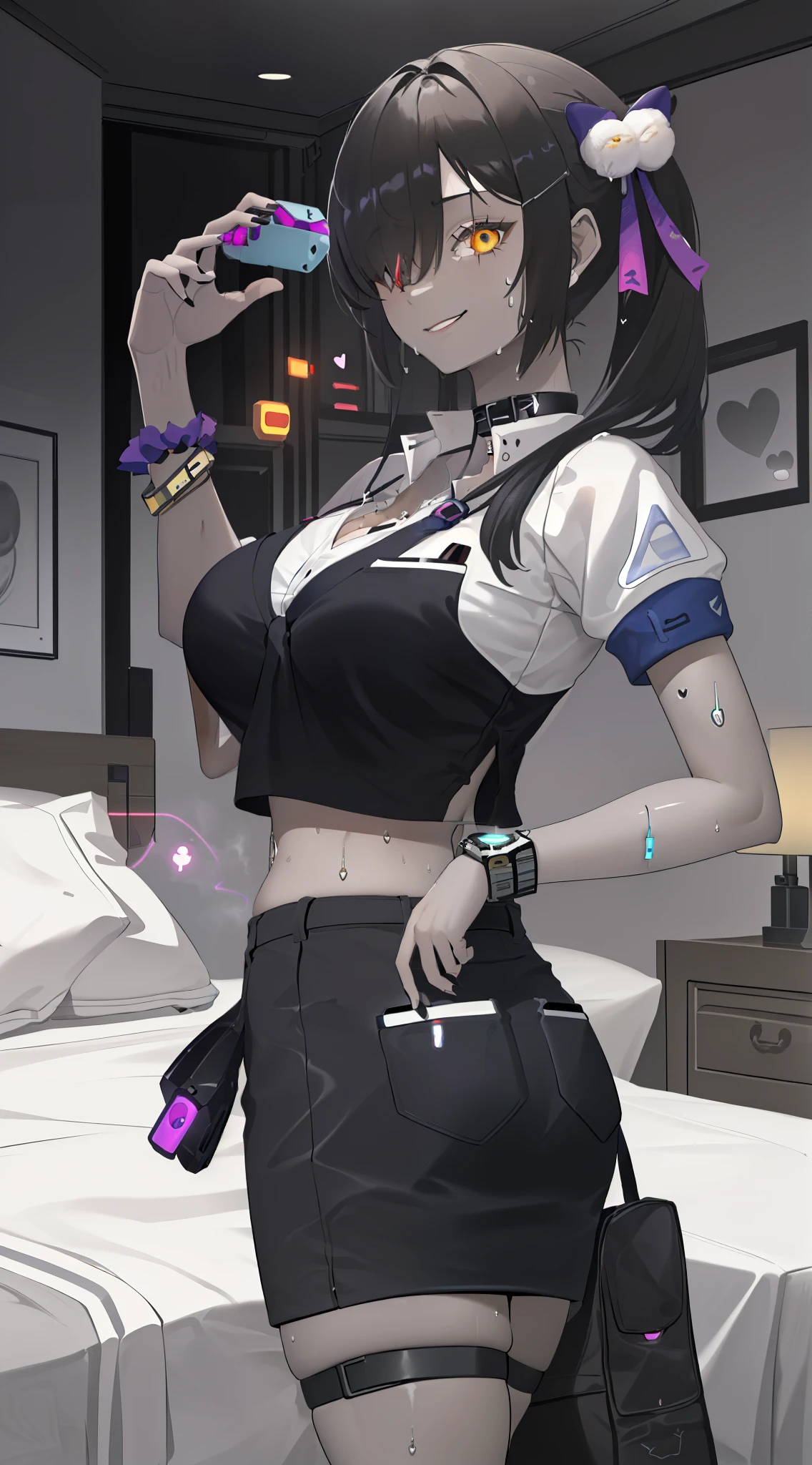 (Safety Sensor、approved、Can be viewed:1.8),masterpiece、highest quality、highest quality、Accurate the human body、Lighting to suit the mood、Accurate、Elaborate、masterpiece、Every detail of the face、Long-tailed, Dark Skin, Woman with dark skin, Side Ponytail, hair ornaments, Hair Clip, White shirt, Bra visible through clothes, Chest pocket, Black choker, Blue tie, Purple scrunchie, bracelet,Latex Blue Pleated Skirt, Thigh straps, Simple Background, whole body, Detailed Background, Leaning forward, Big cleavage、( Big Breasts、An eye is a heart:1.3、Heart Contact Lenses Heart Eye:1.5, Glowing oil skin:1.5, Sweat,vapor:1.5)、(薄Dim lighting:1.5, night:1.5, Love hotels in Japan :1.5、Lie down in bed)、((Many words:1.8, Many heartfelt voices:1.8))、Mature adult woman、Emotional :1.3、(2 girl:1.5、female brat face:1.5, Sexy smile:1.3, Beautiful breasts:1.3,Big Breasts:1.3, Round shapely butt, In close contact:1.3, Embrace、gyaru:1.3, jirai girl:1.3、steam,sweat, Vulgarity、White skin and white hair:1.3, Dark Skinと黒い髪:1.5,Dark Room:1.5, Dim lighting:1.5, night:1.8, Love hotels in Japan、bedroom:1.5)