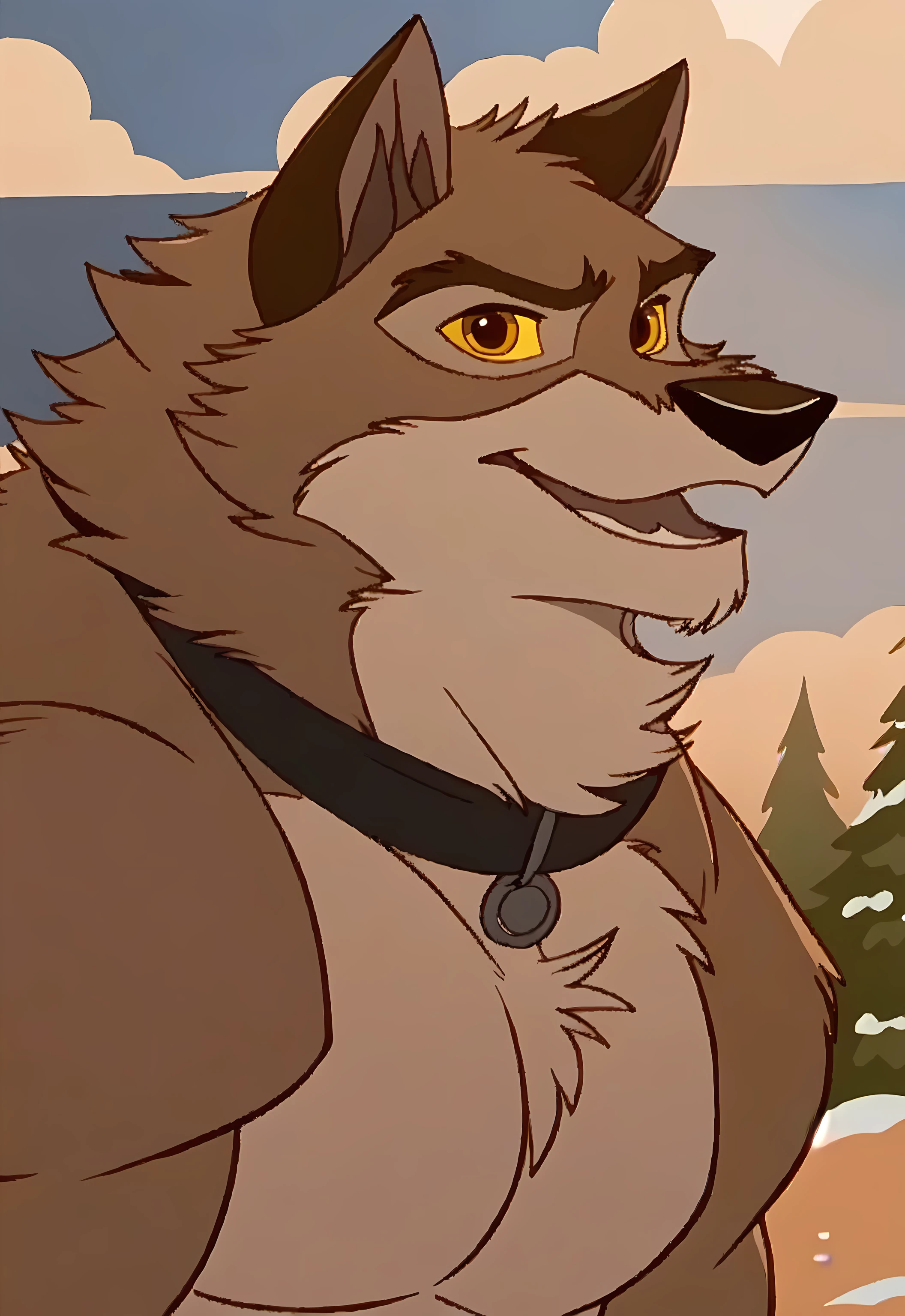 balto, full body, feral, detailed, detailed face, detailed eyes, quadruped, very muscular:1.0, pectorals:1.0, strong chest, biceps, wfa anatomy, black lineart, black outline, male, masculine, adult, wolf, wolf body, wolf tail, brown iris, yellow sclera, cartoon shading, cel shaded:1.0, black collar, strong body, confident, proud, speaking mouth