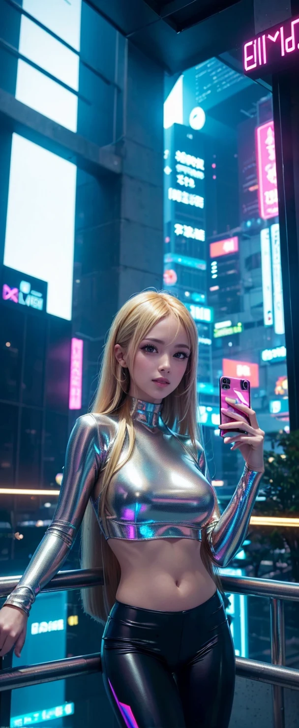 detailed futuristic park,skyscrapers,shiny metallic architecture,hovering cars,neon lights,glowing holographic displays,futuristic girl taking a selfie,bright happy smile,warm lighting,vibrant colors,cinematic atmosphere,photorealistic,8k,high resolution, ((( Russian and Japanese mix, golden hair, straight long hair, gazing, parted lips)))