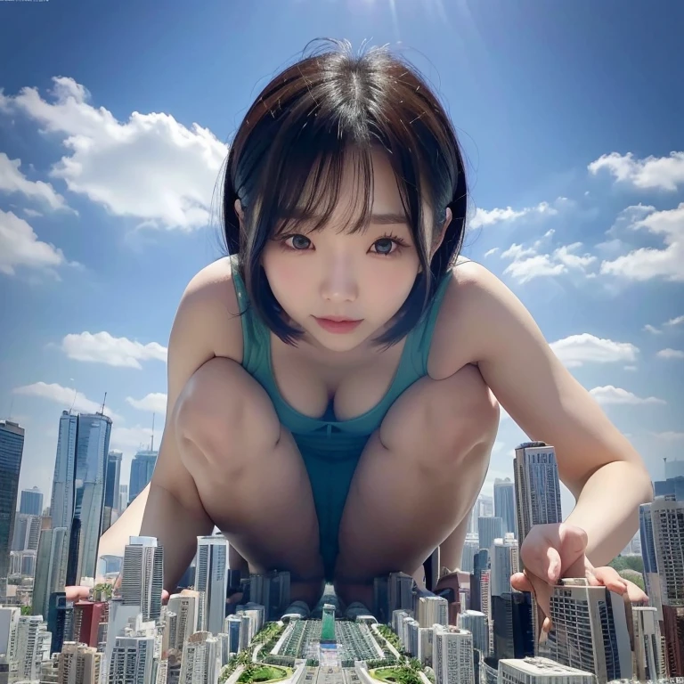 giantess kids、A child bigger than a building、girl、Aerial view of the city、Right beside、Anime Illustration、Swimwear、Small breasts