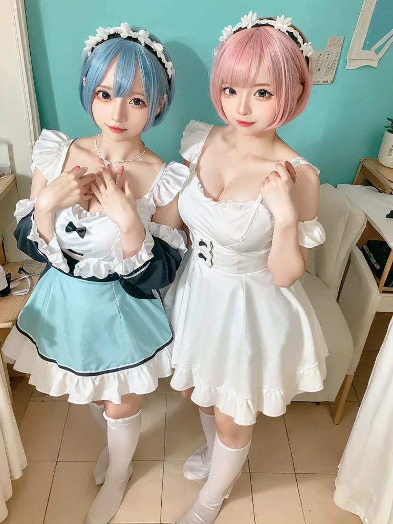 Accurate depiction with high resolution,(8K, Photorealistic, Raw photo, of the highest quality: 1.3), (1girl in), Super beautiful, (Realistic face), (boyish, pink Color Berry Shorthair), Beautiful , Glare that captivates the viewer, Beautiful expression, Beautiful breasts, (Realistic skin), Be...Create a detailed and colorful image of Ram and Rem from Re:Zero, standing back-to-back in their maid outfits, with a magical fantasy background、14years old, two girls,cute, perfect face, beautiful, nice body, gothic ta clothes, gothic loliashion, frilly skirt, headdress, necklace, bracelet, knee-high socks, boots, double eyelids, tear bags, Detailed down to the fingers, photo-like description, indoors, dim indoor lighting, one girl is pink hair and short bob, another girl is light blue hair and short bob,standing,whole body, composition that shows the whole body, smiling,The Both of them are wearing the same type of maid outfit,Optimal ratio of 4 fingers and 1 thumb,walking