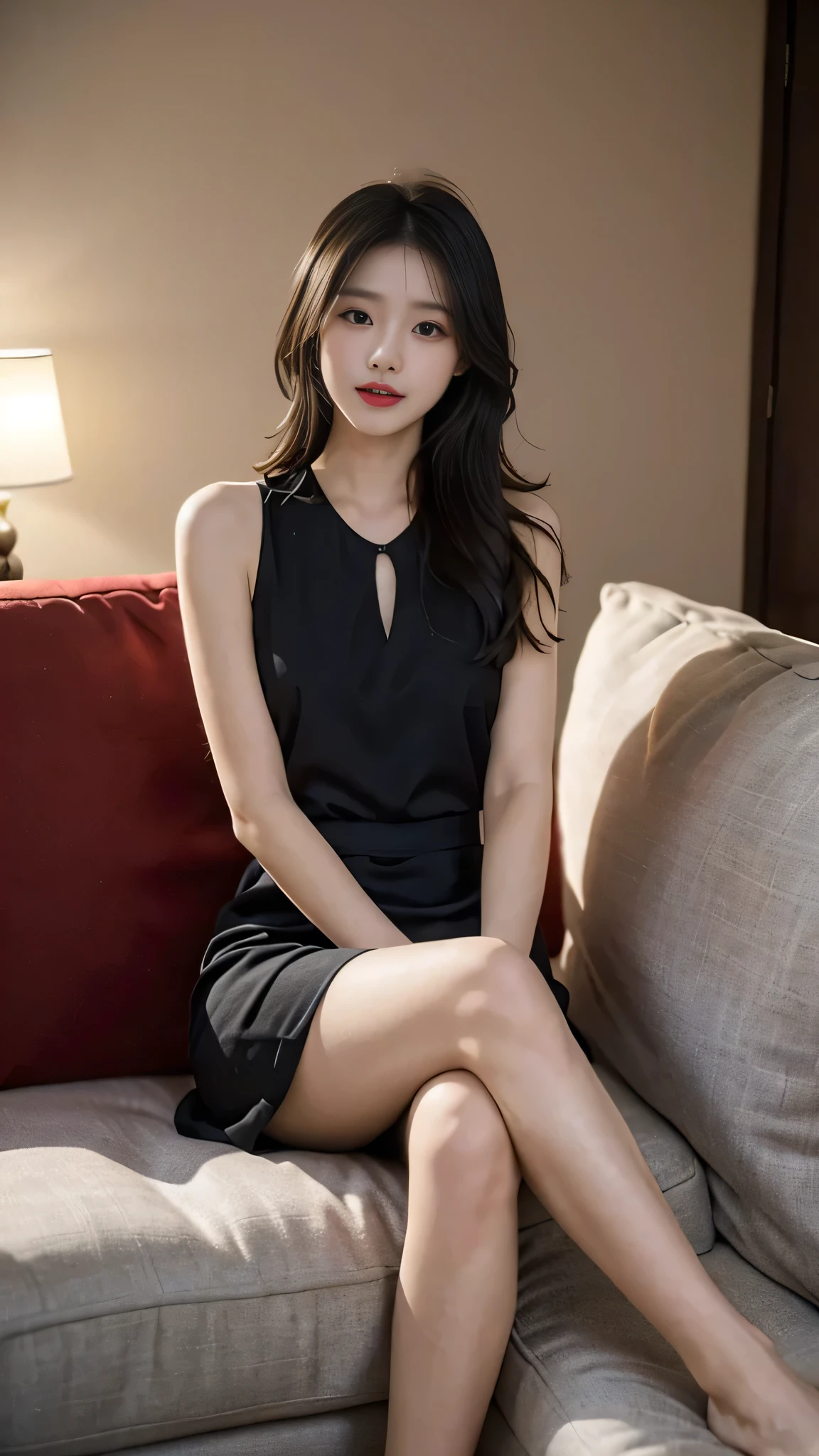 1girl in,Sitting on a cozy sofa,cross one's legs,Soft light,Chinese beauty,Black dress,A dark-haired,length hair