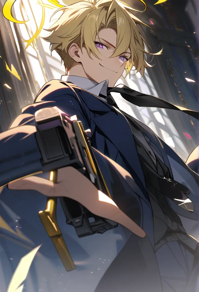 Handsome, 1 male, dark blue coat yellow tip, white shirt, black tie, blonde hair, purple eyes, smile facial, halo, gun