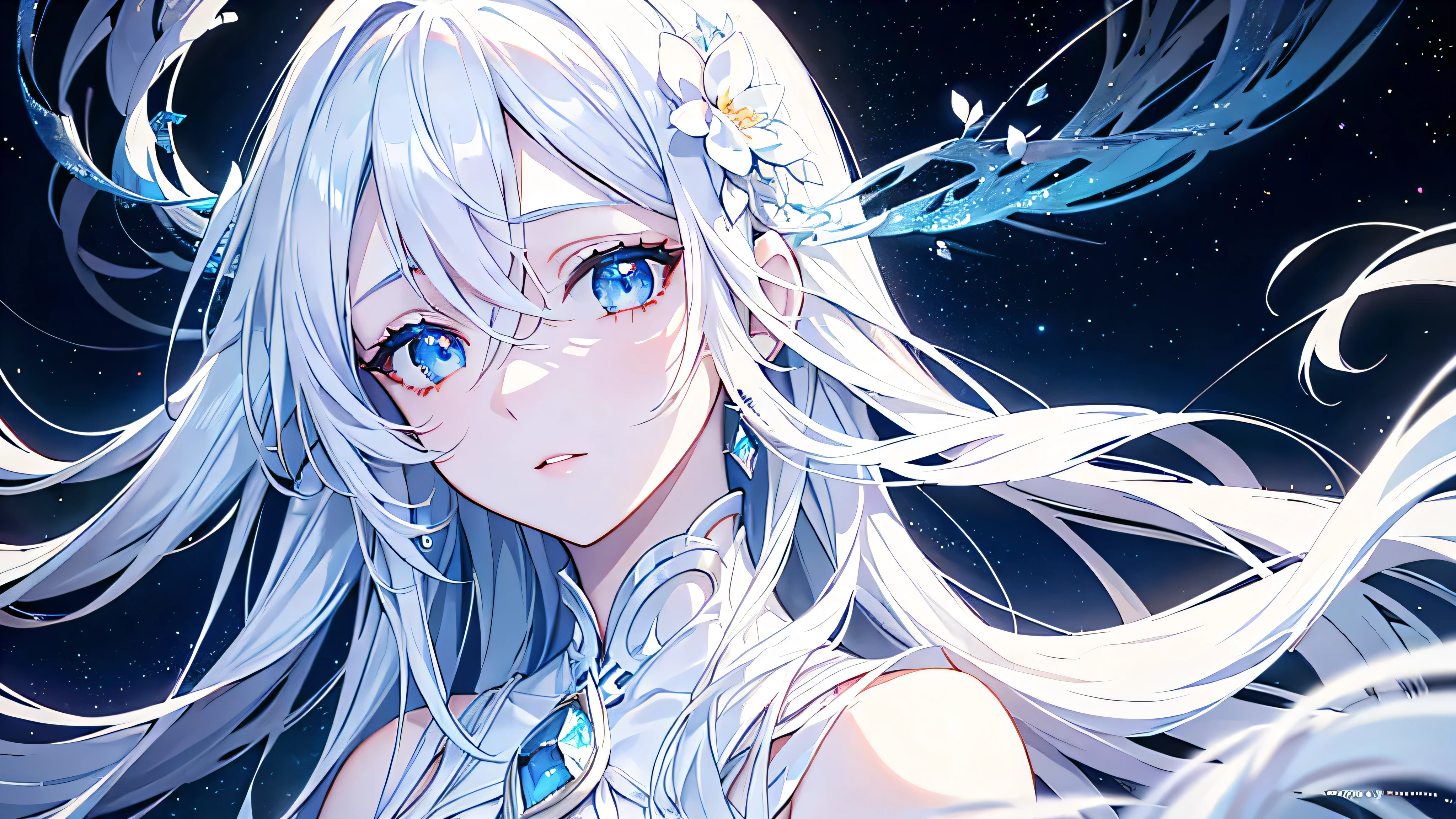 a beautiful anime girl with long white hair, blue eyes, wearing a pristine white dress, cute, elegant, graceful, posing for the camera, magical effects, starry night background, (best quality, 4k, 8k, highres, masterpiece:1.2), ultra-detailed,(realistic,photorealistic,photo-realistic:1.37), extremely detailed eyes and face, beautiful detailed eyes, beautiful detailed lips, longeyelashes, intricate details, delicate skin, flowing dress, cinematic lighting, vibrant colors, fantasy, ethereal