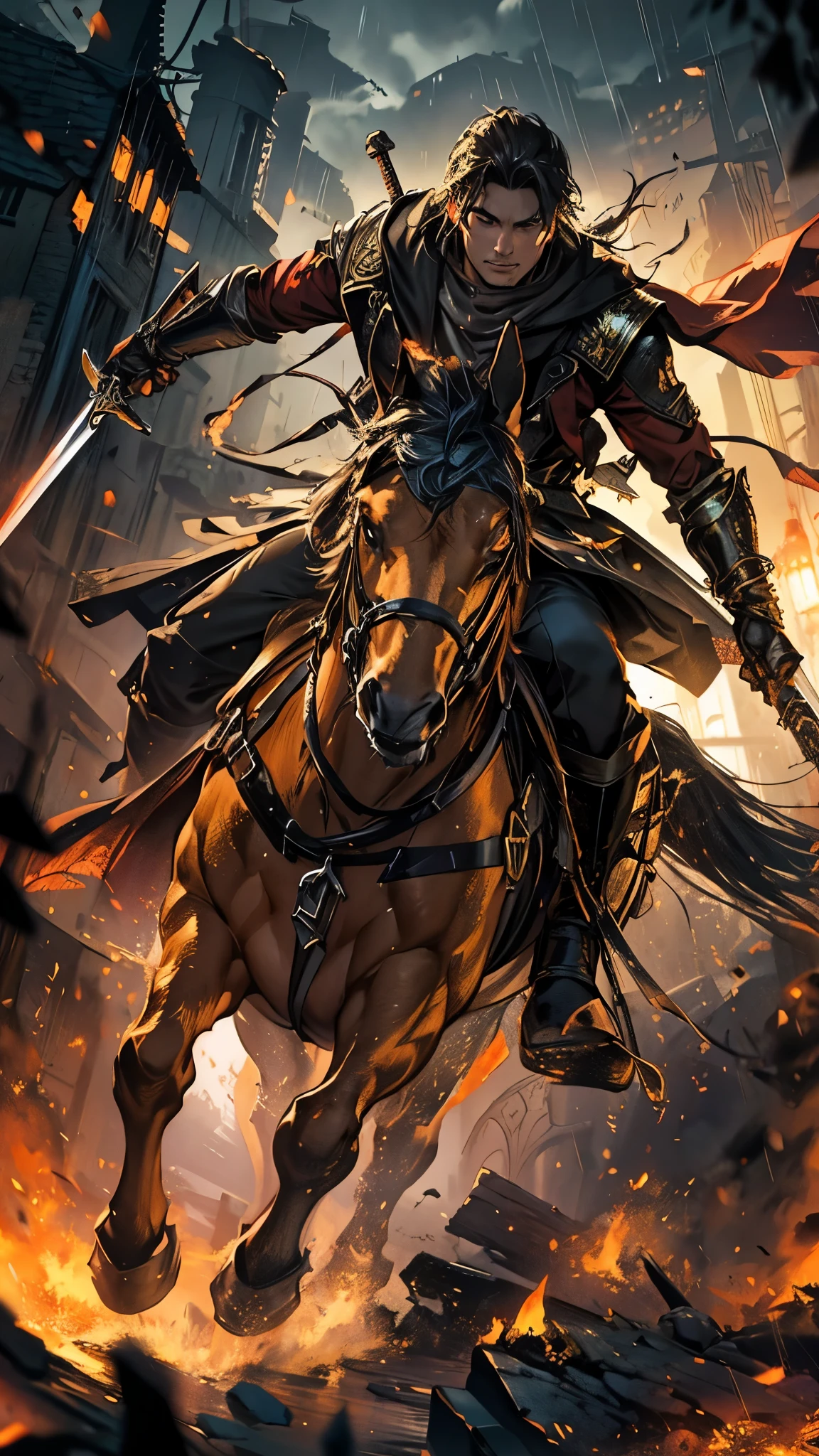 Full body view of an romantic man 38yo royal warrior, carryng a sword and spear, riding a A (horse) that is a "blend" between a corner of a hell devil and fire, sparks, smoke, debris. Scary face. It's a rush, running in search of enimies, fight theme, in an abandoned royal kingdom setting, evening a drizzle atomosphere, ultra HD, high real skin and hyper detail, very cinematic, 