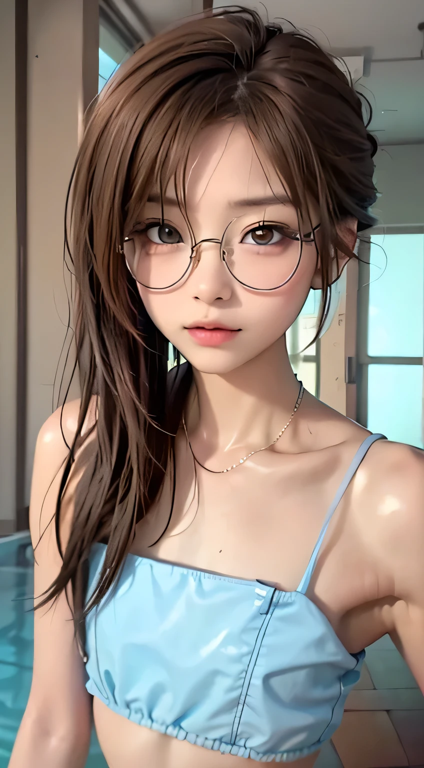 highest quality, RAW Photos, Realistic, face, Incredibly beautiful girl, cute, length Hair,ponytail，Glasses，Written boundary depth, High resolution, Super detailed, detailed, Very detaileded, extremely detaileded eye and face, Sharp pupils, Realistic students, Sharp focus, Cinema Lighting, Japanese, Short Woman,  Physical build, Short arms, length, Narrow eyes, Fleeting atmosphere, 12 years old, Brown bob hair, ((thin lips)), White top and bottom underwear, masterpiece, highest quality, Detailed skin, Detailed face, fine grain, 8k, Excellent anatomy, Upper body portrait，flat breasts, small breasts, small,( small bust: 1.2), small bust, (slim, small, flat, small), thin, Delicate and sexy collarbone, One Girl, (beautiful girl, Delicate girl:1.3), (12 years old:1.3),
break, (One Piece Swimwear, Swimwear:1.2),
break, (Pool:1.3),
break, Very beautiful eyes, (Symmetrical eyes:1.3),
break, , Brown eyes, Parted bangs, Brown Hair, (Upper teeth, The best smile:0.2),
break, (Eyes and face detail:1.0),
break, (masterpiece, highest quality, Super detailed, Detailed face, 8k)