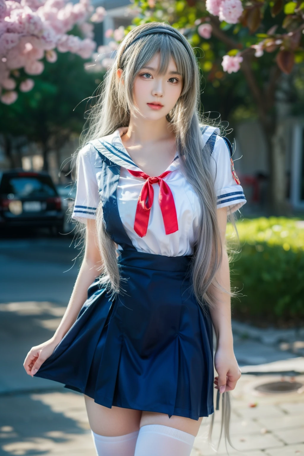 ultra-detailed,highly detailed,best quality,masterpiece,illustration,realistic,photorealistic,
clannad, hikarizaka private high , summer uniform, 
1girl, solo, cosplay, 
serafuku, short sleeves shirt, sailor collar, suspender skirt, thighhighs, neck ribbon, 
bangs, hair ornament, very long hair, grey hair, hairband,
looking at viewer, standing, cowboy shot, 
outdoors, photo background, plant, day, cherry blossoms, falling petals, wind,
((perfect eyes, detailed eyes,realistic eyes)), ((sharp face, detailed face, realistic face, natural skin, realistic skin, detailed skin, pores)), ((perfect body, detailed body, realistic body, big proportions)) 