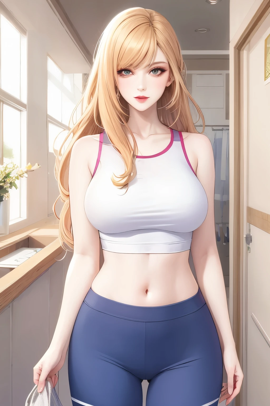 (masterpiece, best quality:1.2), 1girl, solo,mature_lady, delicate face,detail eyes,long hair, floating hair,medium breasts, upper body,,gym clothes,in female changing room,
