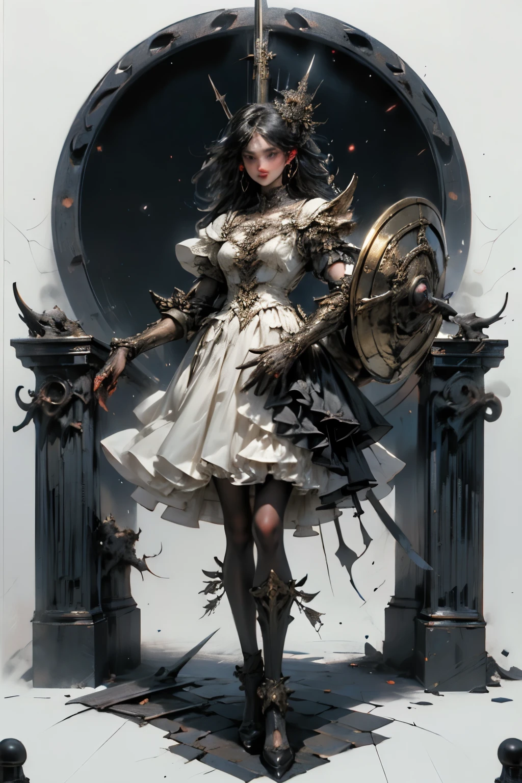 ((best quality)), ((masterpiece)), (detailed), perfect face ((best quality)), ((masterpiece)), (detailed), blank white background, plain background, white background, Bloodborne inspired, occult aesthetic, occult, detailed and intricate steampunk and detailed gothic, NSFW, Very dramatic and cinematic lighting, cosmic horror, grim-dark, side-lighting, perfect face, a beaituful goddess adorned and enshrined in armour, Bloodborne inspired , occult aesthetic, occult, detailed and intricate steampunk and detailed gothic, wielding a sword and holding a shield, NSFW, Fluttering lace flared long knee length dress with frilly petticoats, knee length dress, pleated petticoats, lolita dress, petticoats gothic lolita, side-lighting, gothic lolita aesthetic, beautiful small breasts, small breasts, full body, whole body, body, plain background, white background, blank background, no background, white background NSFW, full body, whole body, head-to-toe