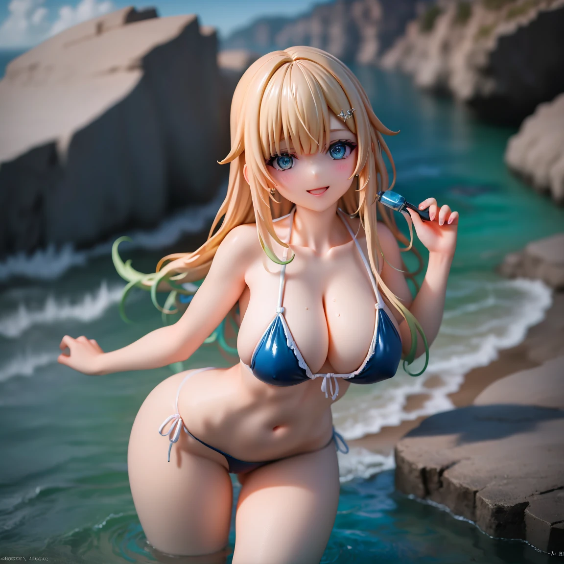 Portrait, official art, best masterpiece, best quality, best resolution, 8K, best detailed, perfect anatomy
BREAK
aizawa ema, blond hair, long hair, gradient hair, hair ornament, bule bikini, butt, (big breasts)
BREAK
(sfw:1.2), cowboy shot, Portrait, cross legs,
BREAK
(smile), cheek
BREAK
wading, outdoor, sunlight, dust, dust, light particles, very detailed 16KCG wallpapers