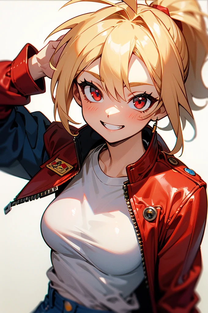 17 year old girl、blonde ponytail、Ahoge、big round red eyes、grin、small breasts、white t-shirt、red leather rider jacket、blue jeans pants、upper body close-up