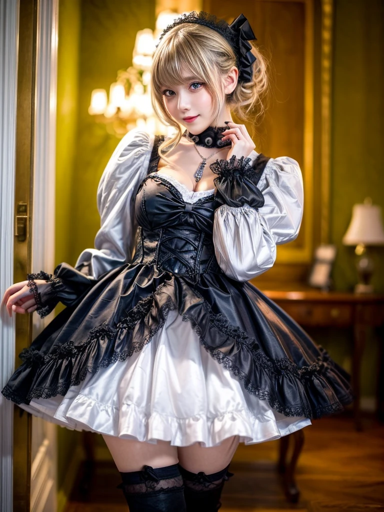 (8K, Photorealistic, Raw photo, of the highest quality: 1.3), (1girl in), Super beautiful, (Realistic face), (boyish, Silver Color Berry Shorthair), Beautiful , Glare that captivates the viewer, Beautiful expression, Beautiful breasts, (Realistic skin), Be...Super high quality, super high definition, super detailed, masterpiece, 20years old, female, cute, perfect face, beautiful, nice body, gothic lolita clothes, gothic lolita fashion, frilly skirt, headdress, necklace, bracelet, knee-high socks, boots, double eyelids, tear bags, Detailed down to the fingers, photo-like description, indoors, dim indoor lighting, blonde hair, pony tail, standing, whole body, composition that shows the whole body, smiling