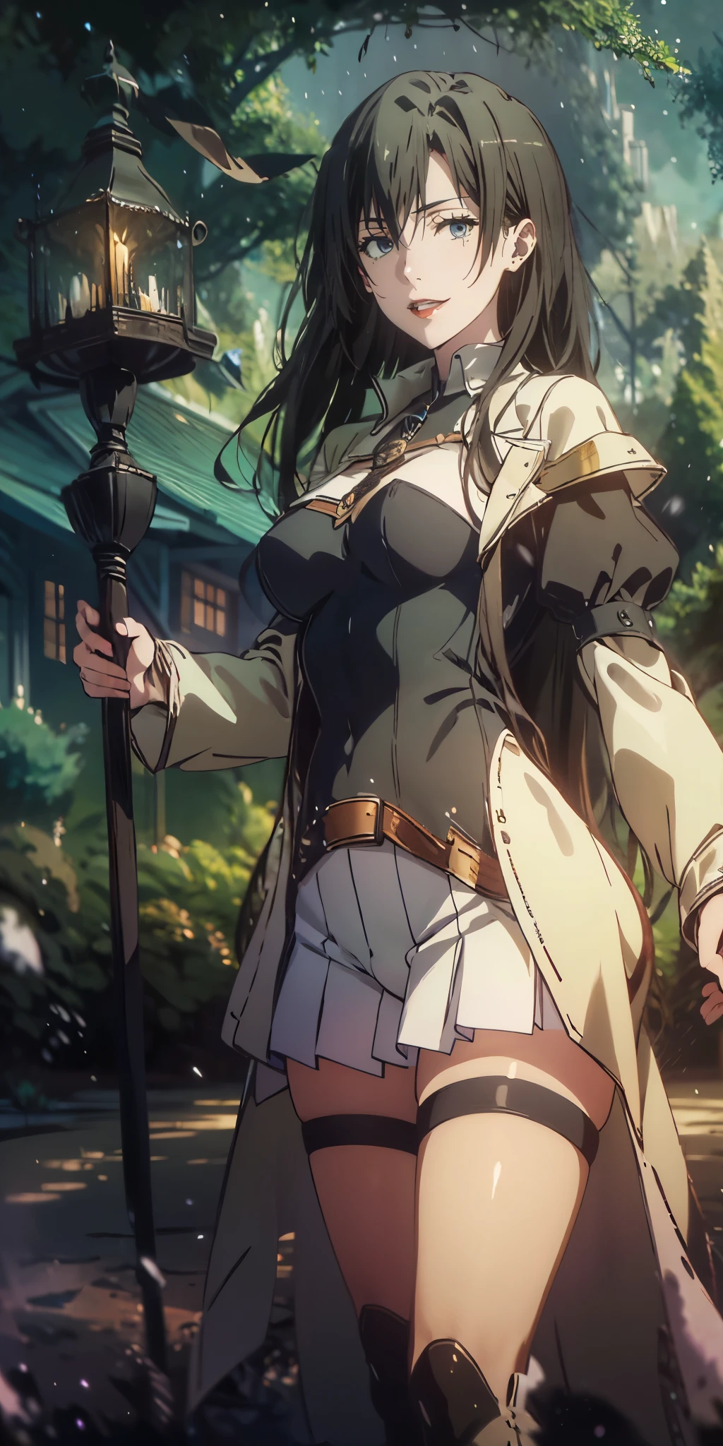 sensei, long hair, black hair, blue eyes, anatomically correct, best quality, masterpiece, high quality, high details, highres, HD, (shaded face:1.2), hollow eyes, dark-blue eyes, looking at viewer, Masterpiece, close up, medieval setting, fantasy world, magical, forest, dark, snow, woman, innocent, cute, mage, soft expression, curious look, green eyes, medium length hair, light brown hair, white mage clothing, thighs, thigh high boots, short green cowl, standing, holding staff