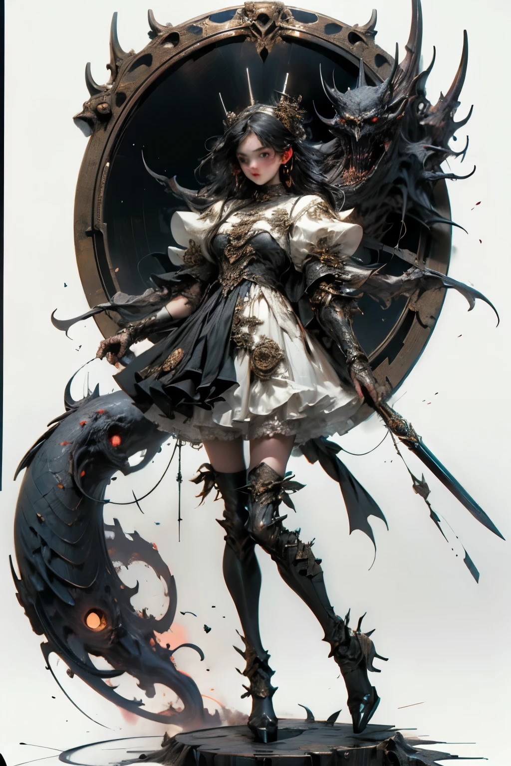 ((best quality)), ((masterpiece)), (detailed), perfect face ((best quality)), ((masterpiece)), (detailed), blank white background, plain background, white background, Bloodborne inspired, occult aesthetic, occult, detailed and intricate steampunk and detailed gothic, NSFW, Very dramatic and cinematic lighting, cosmic horror, grim-dark, side-lighting, perfect face, a beaituful goddess adorned and enshrined in armour, Bloodborne inspired , occult aesthetic, occult, detailed and intricate steampunk and detailed gothic, wielding a sword and holding a shield, NSFW, Fluttering lace flared long knee length dress with frilly petticoats, knee length dress, pleated petticoats, lolita dress, petticoats gothic lolita, side-lighting, gothic lolita aesthetic, beautiful small breasts, small breasts, full body, whole body, body, plain background, white background, blank background, no background, white background NSFW, full body, whole body, head-to-toe