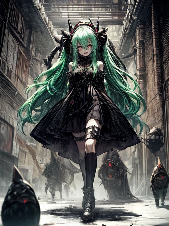 Ahegao、miku hatsune、Green hair、Black Dress、Very fellow humanoid characters, red eyes, She's crazy, nutty, horor, is scared, is scared, Shock value, Very diabolical, evocation, terrorism, terrorism, terrorism, rot, feeling of disgust, She is a psychopath, murky, extremely pale, paler, matted,, seem, terrifying, disease, Background ruins, gore, Bloody_mano, Yui, full body Esbian, (Messy_long_murky_Haar), Bosseler, evil eyes, Bright eye, psychopath,