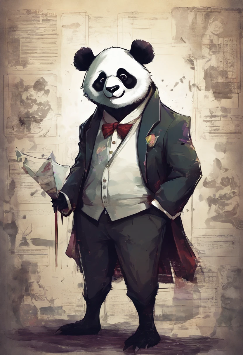 anthropomorphic panda, de cuerpo entero, vestido formalmente con un blazer, sostiene una bandeja, pegatina de panda, sticker de panda.