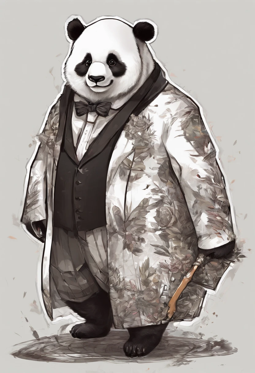 anthropomorphic panda, de cuerpo entero, vestido formalmente con un blazer, sostiene una bandeja, pegatina de panda, sticker de panda.