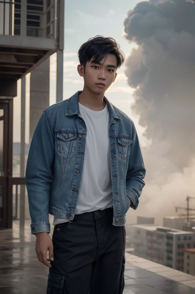 a 22 year old Indonesian man wearing a jean jacket wearing black cargo pants,black eyes,dust,dust,volumetric fog,absurdres,(light particle:1.2),lens 135mm,f1.8,depth of field,dramatic light,Rim lighting,[buildings|Art Deco background:1.3],(masterpiece, best quality:1.4),(photorealistic:1.4)(realistic, photo-realistic:1.4),8k UHD,ultra high res,RAW,HDR,