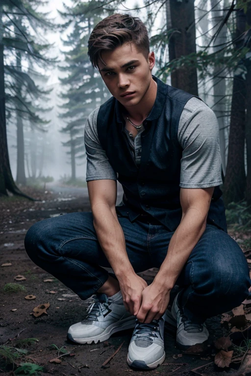Colton Haynes, Jackson Whittemore, Teen Wolf, 18 years old, short messy brown blonde hair, blue eyes, blue dress shirt, blue jean vest, dark black jeans, black tennis shoes, silver pendant, white wolf print. Forest background with fog aura around black color.