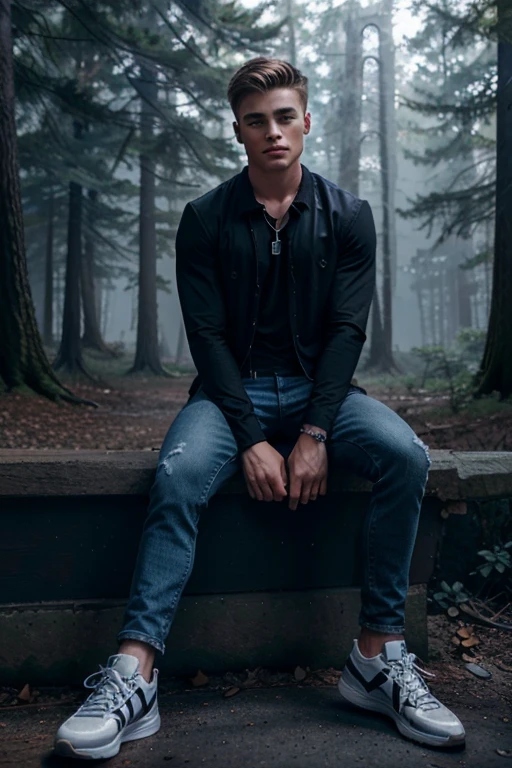 Colton Haynes, Jackson Whittemore, Teen Wolf, 18 years old, short messy brown blonde hair, blue eyes, blue dress shirt, blue jean vest, dark black jeans, black tennis shoes, silver pendant, white wolf print. Forest background with fog aura around black color.