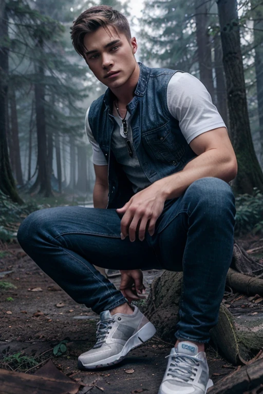 Colton Haynes, Jackson Whittemore, Wolf, 18 years old, short messy brown blonde hair, blue eyes, blue dress shirt, blue jean vest, dark black jeans, black tennis shoes, silver pendant, white wolf print. Forest background with fog aura around black color.