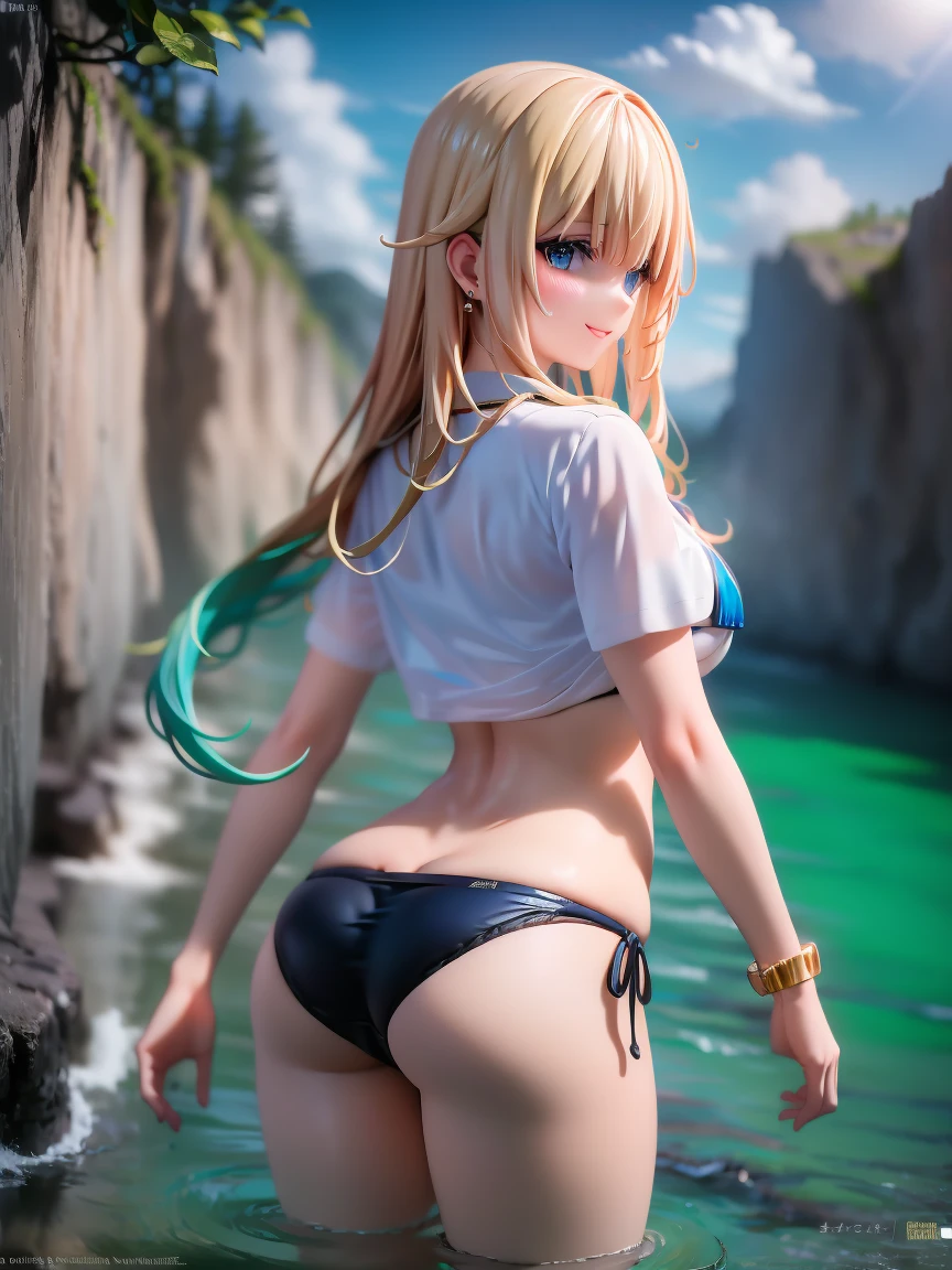 Portrait, official art, best masterpiece, best quality, best resolution, 8K, best detailed, perfect anatomy
BREAK
aizawa ema, blond hair, long hair, gradient hair, hair ornament, bule bikini, (butt), (look back), (big breasts)
BREAK
(sfw:1.2), cowboy shot, Portrait, cross legs,
BREAK
(smile), cheek
BREAK
wading, outdoor, sunlight, dust, dust, light particles, very detailed 16KCG wallpapers