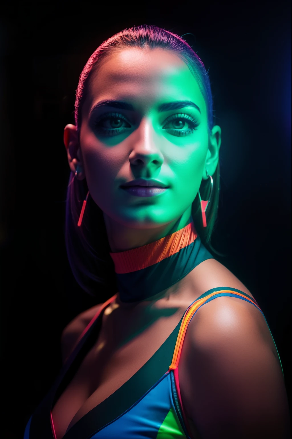 35mm, neon, analog photo, dynamic lighting, claro-escuro, hiper-realista, luminismo, High definition, muito detalhe. gradientes coloridos. Brilho gradiente. Luzes laranja-violeta-verdes. A woman&#39;s skin is multicolored with a beautiful glow. Gradientes no rosto. Luzes gradientes na pele. easy flowering,. fundo preto. confusion. beleza sobrenatural. Unearthly beautiful woman in a bodysuit with a tiger skin pattern. Casaco preto muito pequeno. Careca. Mulher calva. pale blue skin. long neck. magro hose. Olhos arregalados. Meia volta. darkness. humor. confusion. Modelo. Maquilhagem vanguardista. head tilt. contato olho no olho. olhos azuis. Belo brilho. Casaco preto muito pequeno. magro. Muitos lugares. Rosto muito detalhado. (detalhe de pele alto:1.2). film grain. an album cover. capa de revista.