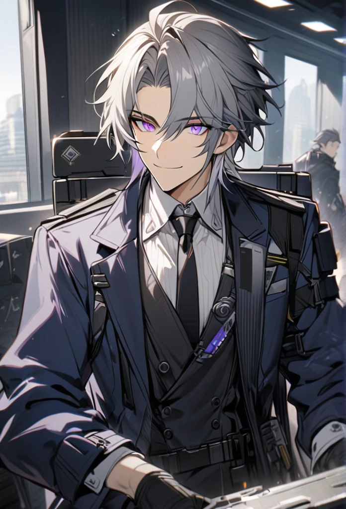 Handsome, 1 male, dark blue coat yellow tip, white shirt, black tie, gray hair, purple eyes, smile facial, arknights, gun