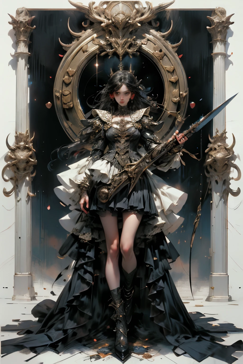 ((best quality)), ((masterpiece)), (detailed), perfect face ((best quality)), ((masterpiece)), (detailed), blank white background, plain background, white background, Bloodborne inspired, occult aesthetic, occult, detailed and intricate steampunk and detailed gothic, NSFW, Very dramatic and cinematic lighting, cosmic horror, grim-dark, side-lighting, perfect face, a beaituful goddess adorned and enshrined in armour, Bloodborne inspired , occult aesthetic, occult, detailed and intricate steampunk and detailed gothic, wielding a sword and holding a shield, NSFW, Fluttering lace flared long knee length dress with frilly petticoats, knee length dress, pleated petticoats, lolita dress, petticoats gothic lolita, side-lighting, gothic lolita aesthetic, beautiful small breasts, small breasts, full body, whole body, body, plain background, white background, blank background, no background, white background NSFW, full body, whole body, head-to-toe