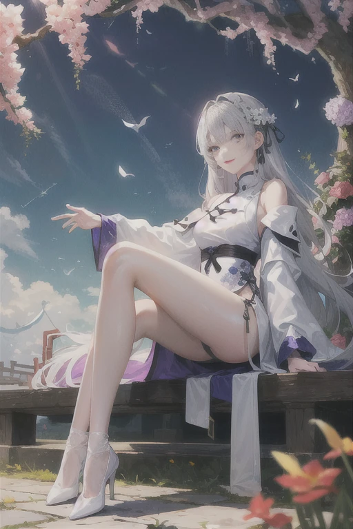 masterpiece, Excellent, daytime, outdoor, Falling Flowers, Branches, Chinese, China, 1 girl, Perfect Woman, woman with long silver hair, Gray blue eyes, Light pink lips, cold, Serious, boom, Purple Eyes, White clothes, Black clothing series, Delicate face, Delicate face, Sitting Legs, Smile
