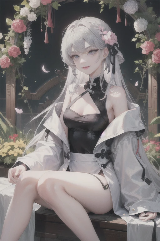 masterpiece, Excellent, daytime, outdoor, Falling Flowers, Branches, Chinese, China, 1 girl, Perfect Woman, woman with long silver hair, Gray blue eyes, Light pink lips, cold, Serious, boom, Purple Eyes, White clothes, Black clothing series, Delicate face, Delicate face, Sitting Legs, Smile