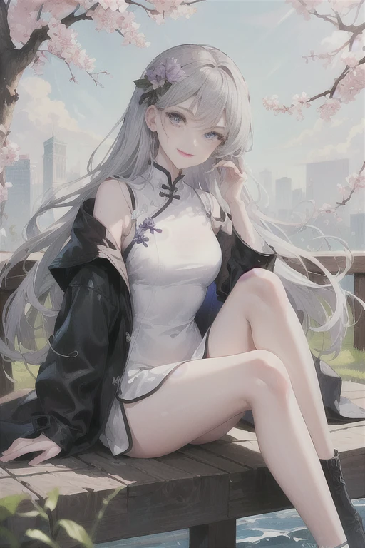 masterpiece, Excellent, daytime, outdoor, Falling Flowers, Branches, Chinese, China, 1 girl, Perfect Woman, woman with long silver hair, Gray blue eyes, Light pink lips, cold, Serious, boom, Purple Eyes, White clothes, Black clothing series, Delicate face, Delicate face, Sitting Legs, Smile