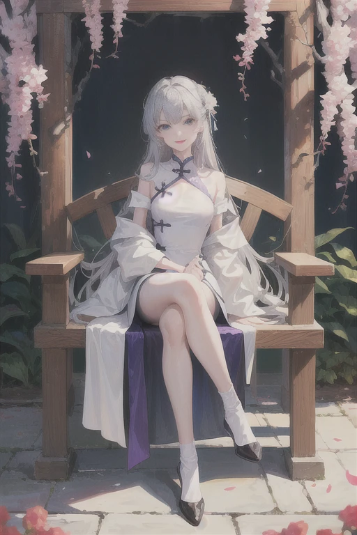 masterpiece, Excellent, daytime, outdoor, Falling Flowers, Branches, Chinese, China, 1 girl, Perfect Woman, woman with long silver hair, Gray blue eyes, Light pink lips, cold, Serious, boom, Purple Eyes, White clothes, Black clothing series, Delicate face, Delicate face, Sitting Legs, Smile