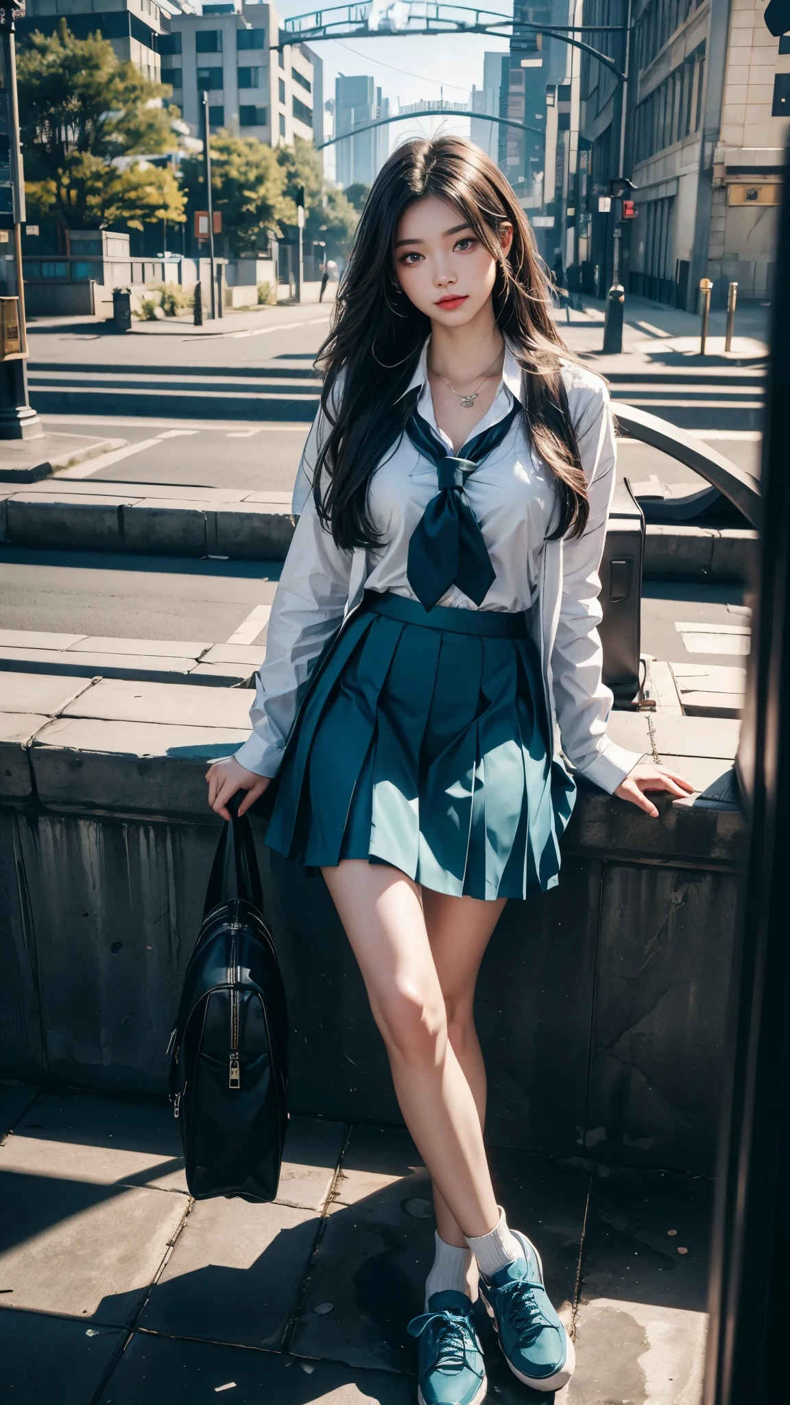 8K, UHD, masterpiece, 1 girl, good face, happy face, detailed eyes, very long hair, necklace, (school uniform), (teal skirt), tie, school bag, in the bridge, cloudy weather, realism, depth of field, 3d, unreal engine 5, ray tracing, flowing wind, sitting,