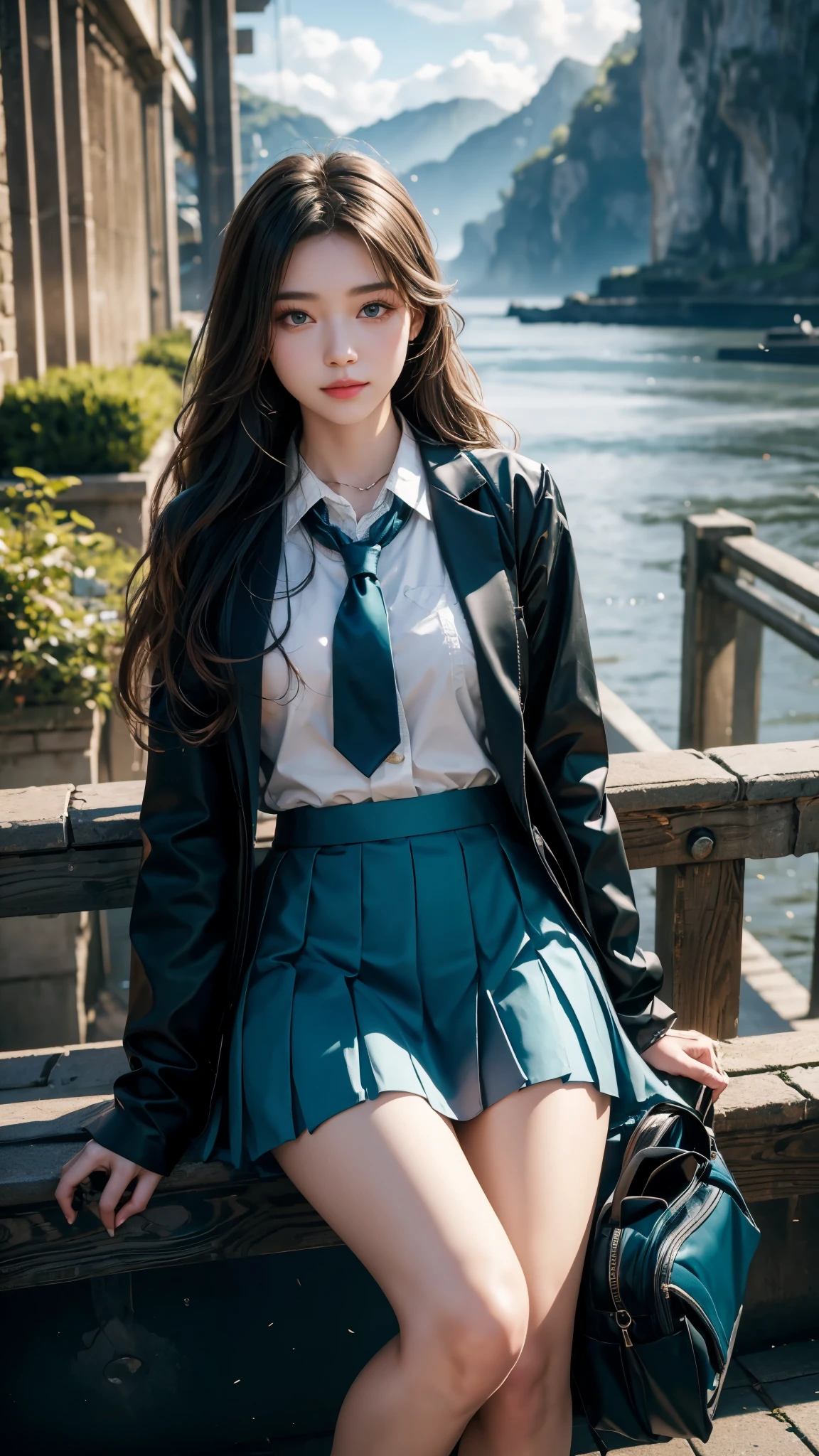 8K, UHD, masterpiece, 1 girl, good face, happy face, detailed eyes, very long hair, necklace, (school uniform), (teal skirt), tie, school bag, in the bridge, cloudy weather, realism, depth of field, 3d, unreal engine 5, ray tracing, flowing wind, sitting,
