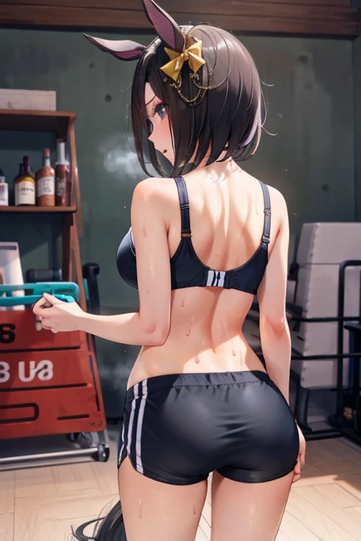 air groove \(umamusume\) in sexy mini shorts and sports bra, crouched deadlifting with a bar with her back facing a gym mirror, sweating, High Resulution, UHD, detailed image.