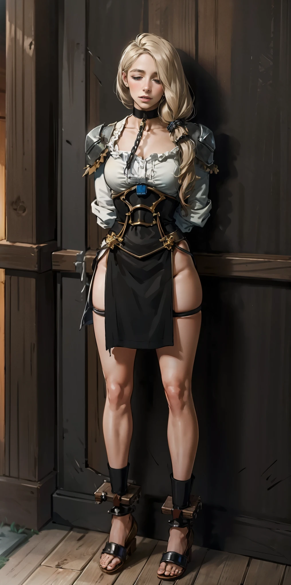 (masterpiece, best quality), intricate details, 1girl, Mercedes von Martritz from Fire Emblem (standing full body toe to head by wooden pole:1.2) iron collar, arms behind back, iron cuffs, shackles, bound, bondage outfit, harness, o-ring, bondage outfit blindfolded cover eyes, happy red cheeks, chain leash collar choker neck bell shackles wristbands bracers bracelets, cleave gag