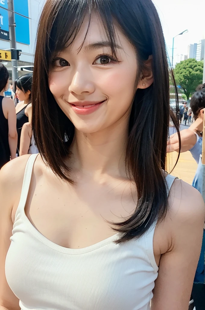 nsfw, ((((beautiful and cute japanese)))), ((((slender_face girl:1.4)))), ((breasts:1.3)),(((white, tanktop:1.1))), (skinny denim, pants), (((medium breasts:1.1))), (((straight bangs))), (((straight short Hair:1.2))), (in the metropolitan, In the middle of a crowd), hyperrealistic, overly detailed, best-realistic, perfect-quality, perfect-anatomy, (((symmetry,double-edged eyelid))), ((((smile:0.8)))), (((8k, 16k))) cinematic photography, (smile mouth), ((natural_face:1.4)), (((professional photography))), ((city background))