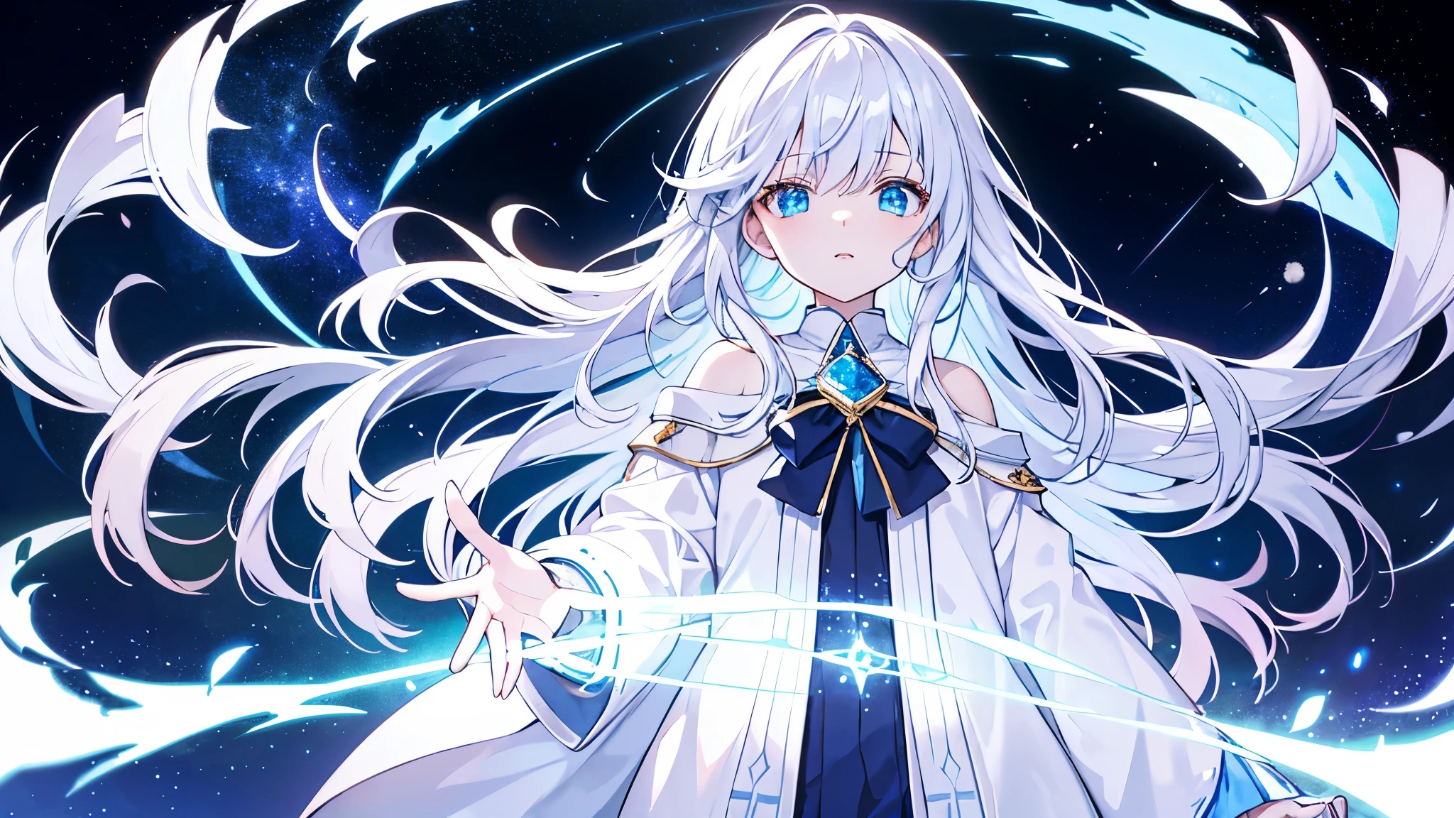 (Highest quality)(Highest quality)(Pay attention to detail)(Watch your hands)Anime Girl,White long hair,Blue Eyes,arrogant,grace,cute,Sorcerer's robe,Magic Effects,Starry sky background,(Background optimization)