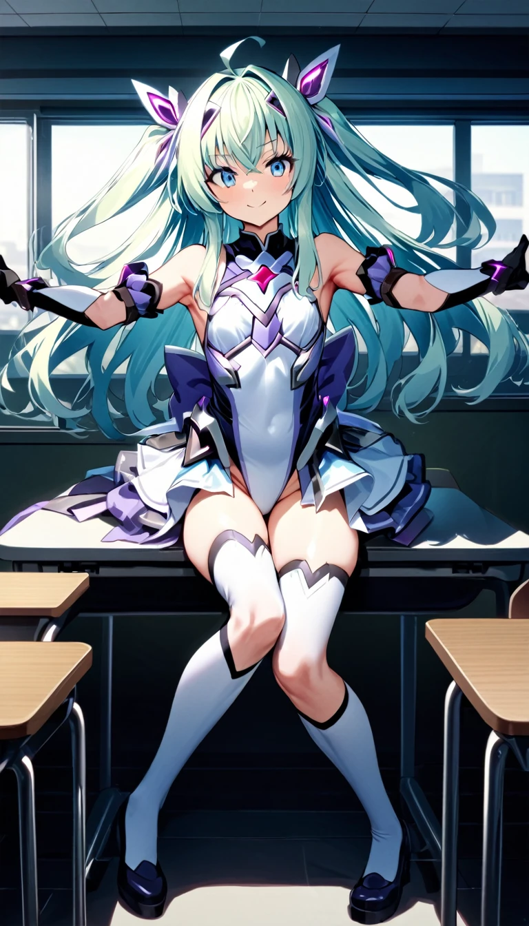 (full body),masterpiece, highest quality, High resolution, exs-tia_spica,magical girl, One Girl, alone, Blue eyes, Golden Hair,Long Hair,leotard,Elbow Handbags,Knee-high socks,Cowboy Shot, Sitting, classroom, mechanical, put your hands on the table, smile, Show me your armpits, Raise your arms